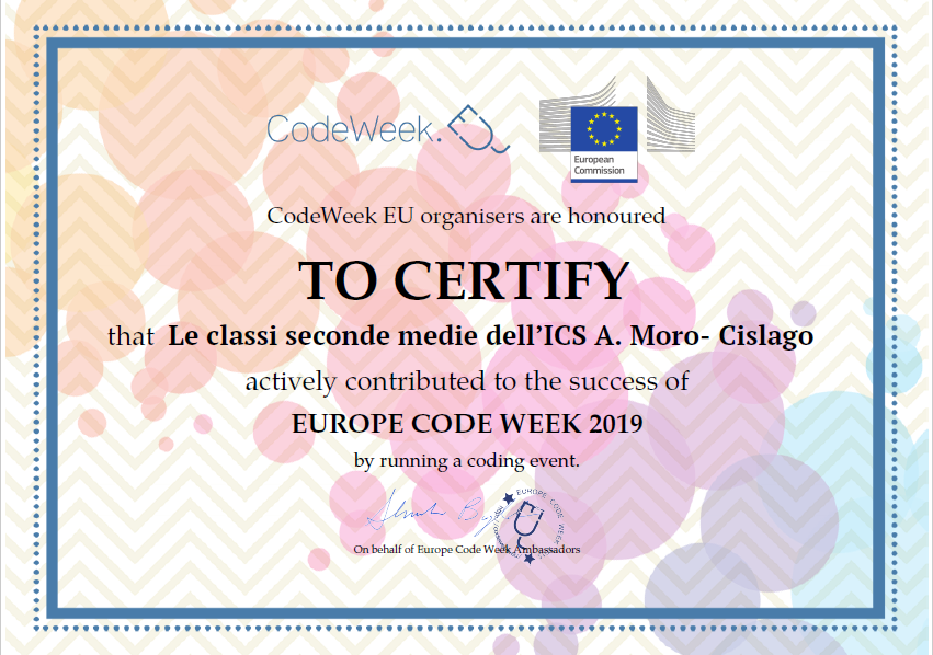 Il certificato rilasciato alle classi seconde per la loro partecipazione ad Eu Code Week